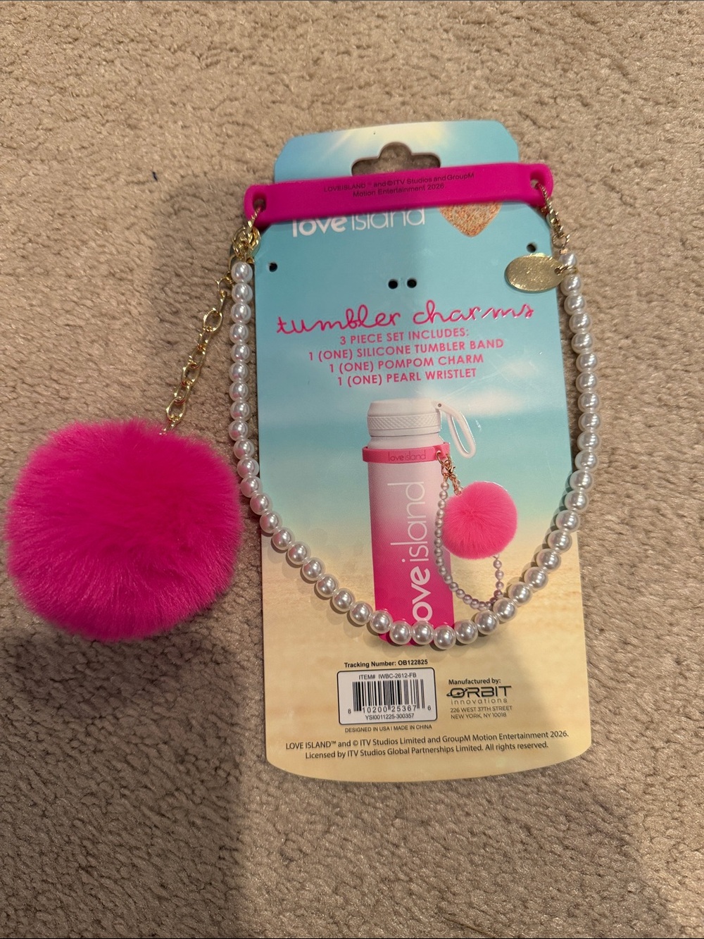 Love Island Pink Pom Pom & Pearl tumbler Wristlet charm Set nwt